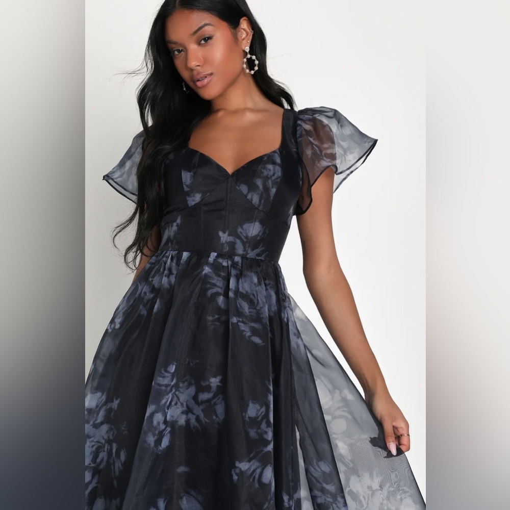 Lulu's Navy and Black Floral Chiffon Midi Dress - Picture 3 of 4